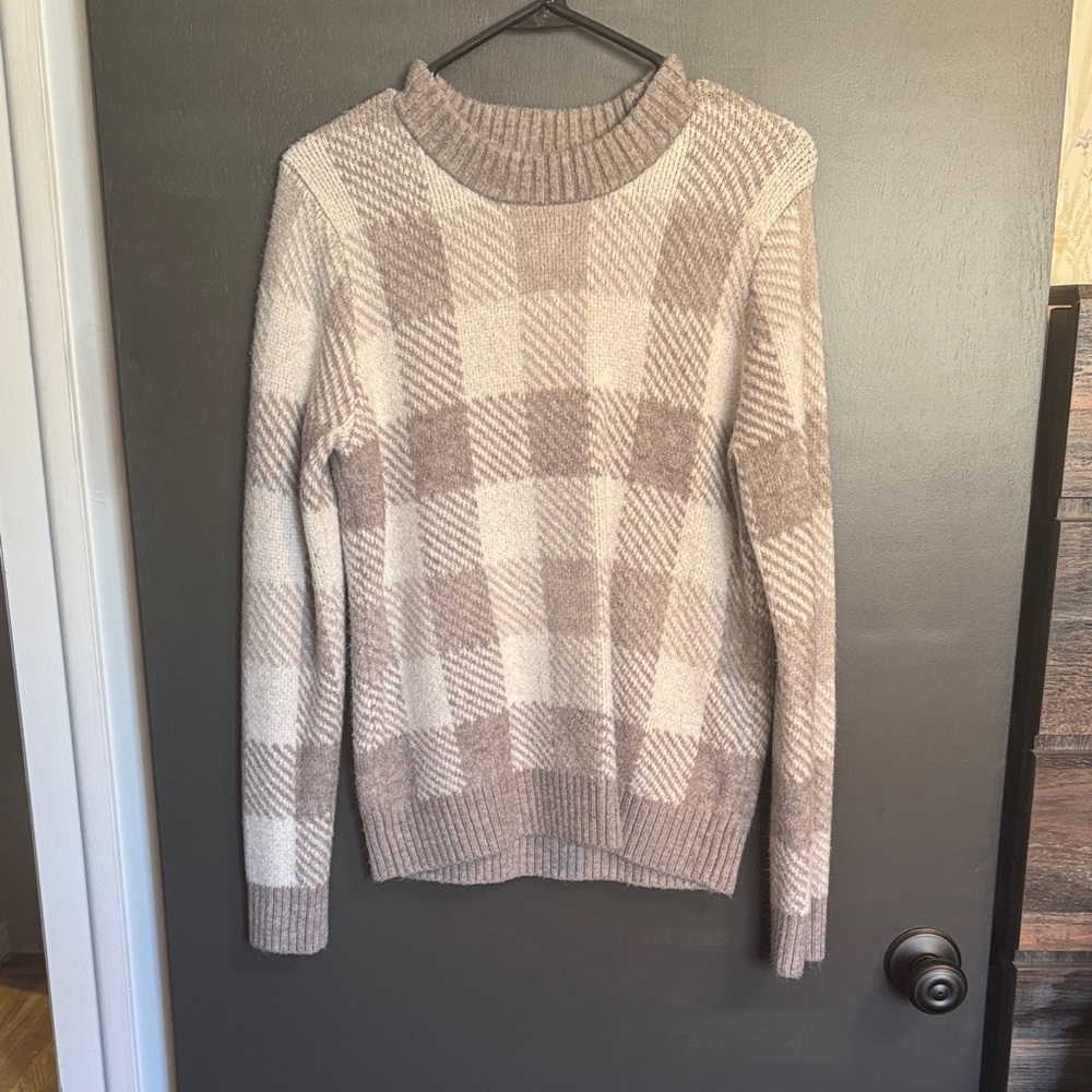 Market & Spruce Taupe and Cream Checkered Turtleneck Sweater